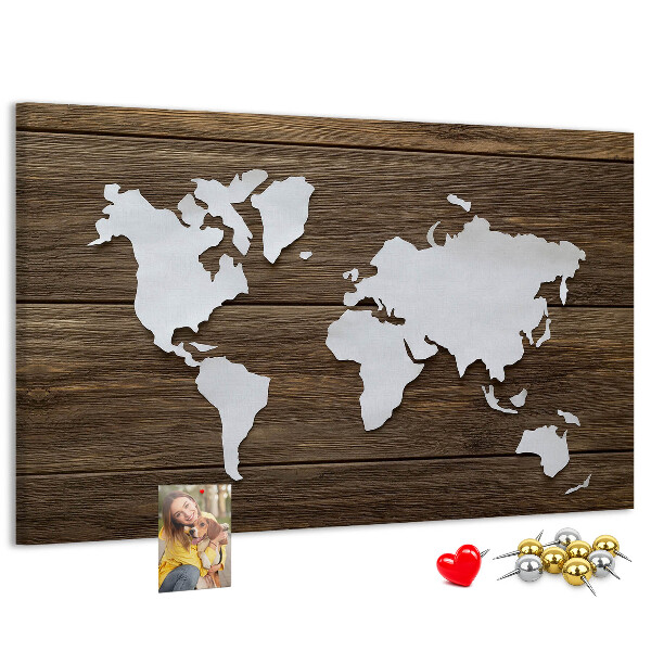 Weltkarte auf Holzgrund mit Korkrückwand