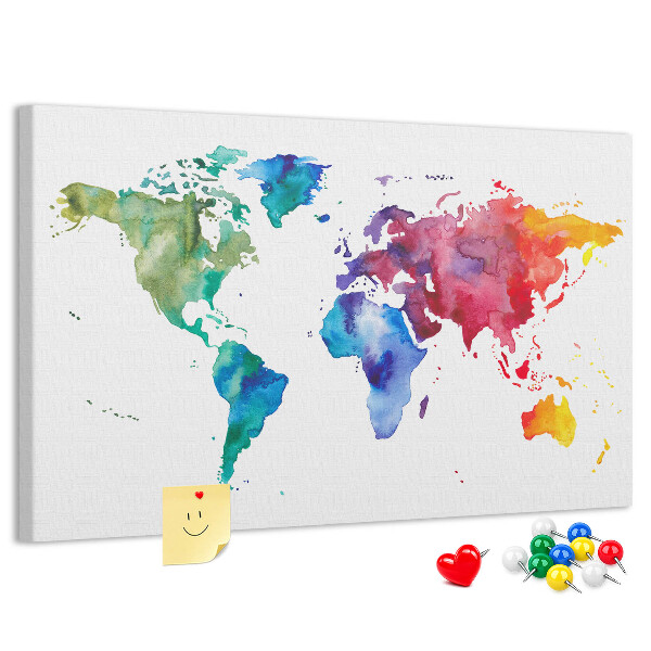 Korktafel mit bunter Aquarell-Weltkarte
