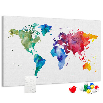 Korktafel mit bunter Aquarell-Weltkarte