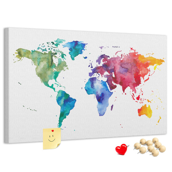 Korktafel mit bunter Aquarell-Weltkarte