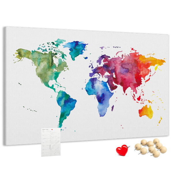 Korktafel mit bunter Aquarell-Weltkarte