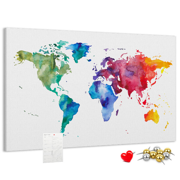 Korktafel mit bunter Aquarell-Weltkarte