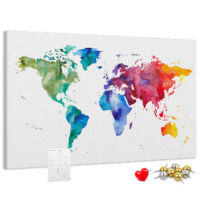 Korktafel mit bunter Aquarell-Weltkarte