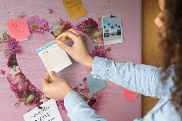 Bild mit Korkrückwand mit herzförmigem Blumenmuster