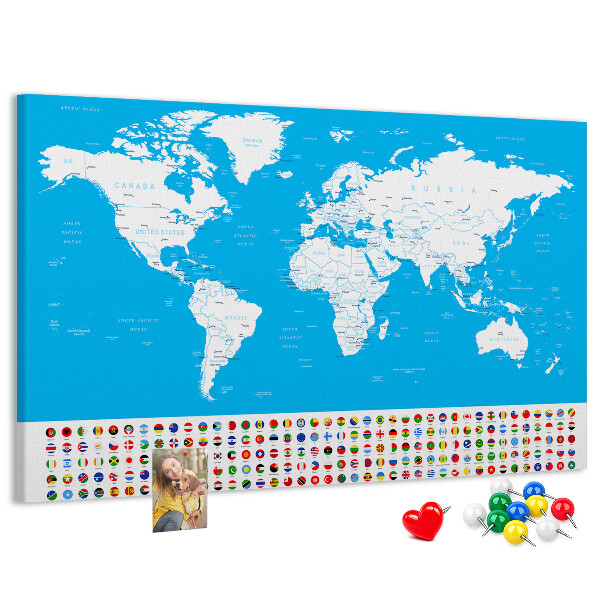 Korktafel bunte Weltkarte mit Länderflaggen