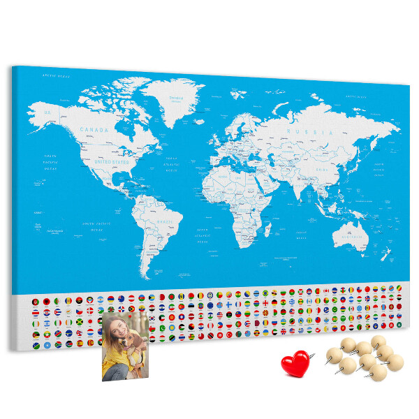 Korktafel bunte Weltkarte mit Länderflaggen