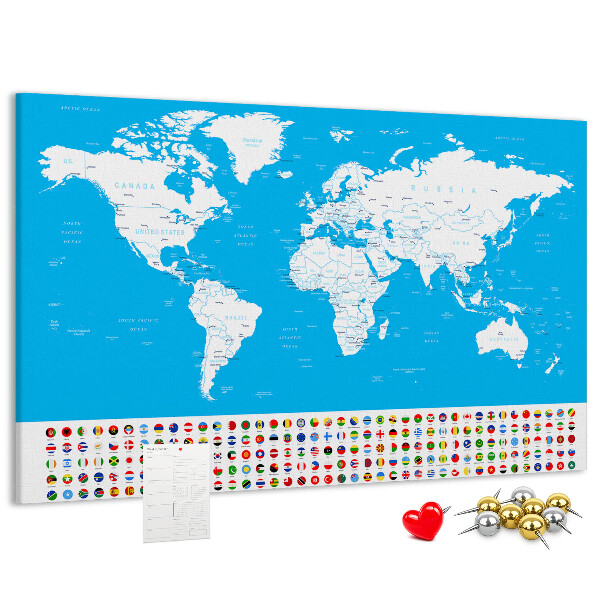 Korktafel bunte Weltkarte mit Länderflaggen