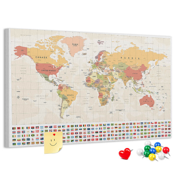 Weltkarte mit farbigen Länderflaggen mit Korkrückwand