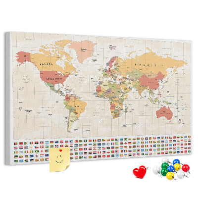Weltkarte mit farbigen Länderflaggen mit Korkrückwand