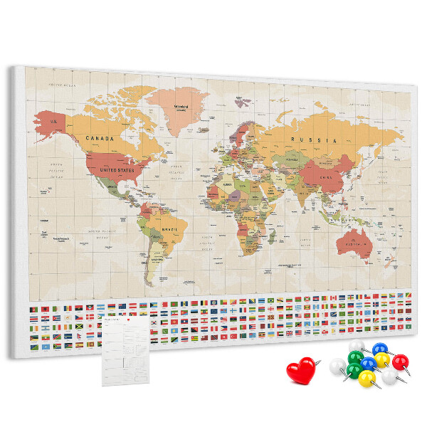 Weltkarte mit farbigen Länderflaggen mit Korkrückwand