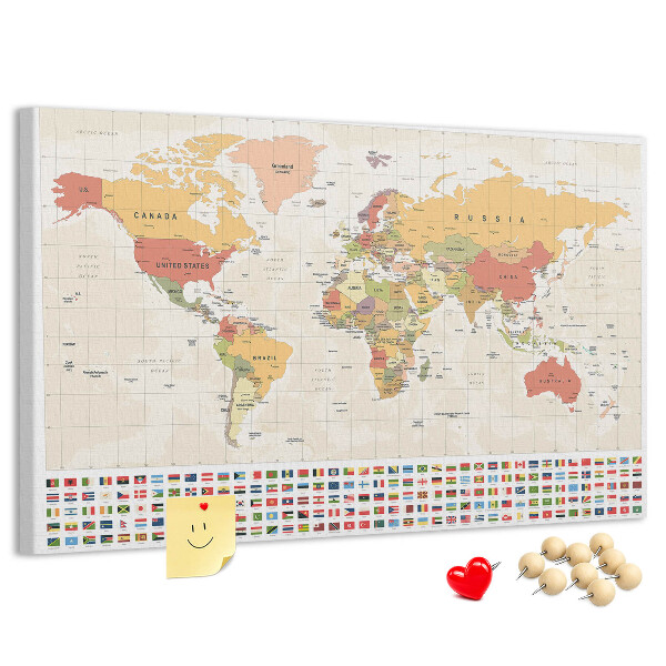 Weltkarte mit farbigen Länderflaggen mit Korkrückwand
