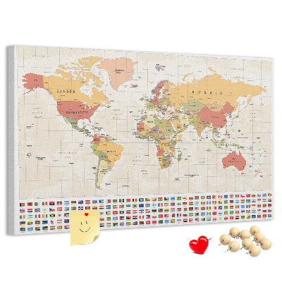 Weltkarte mit farbigen Länderflaggen mit Korkrückwand