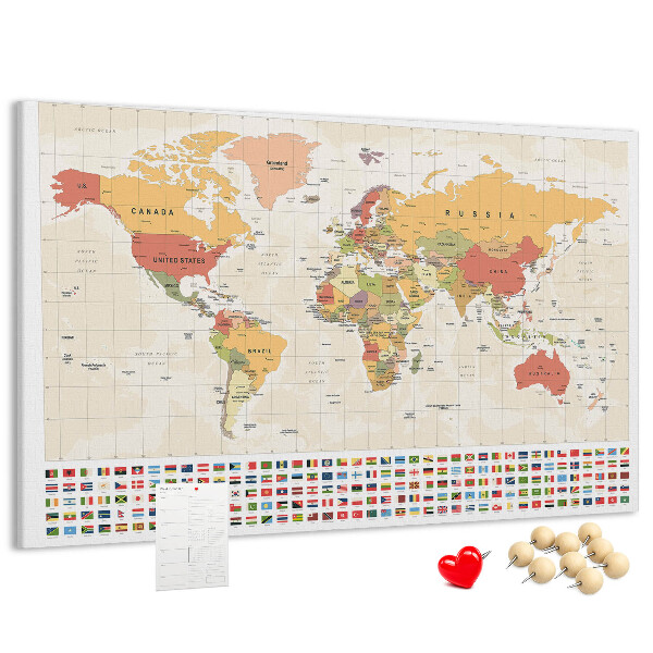 Weltkarte mit farbigen Länderflaggen mit Korkrückwand