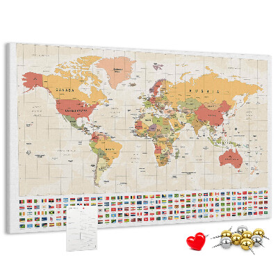 Weltkarte mit farbigen Länderflaggen mit Korkrückwand