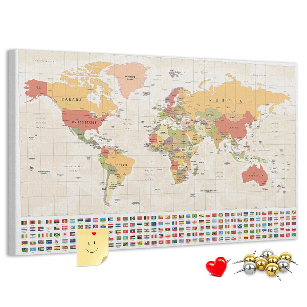 Weltkarte mit farbigen Länderflaggen mit Korkrückwand
