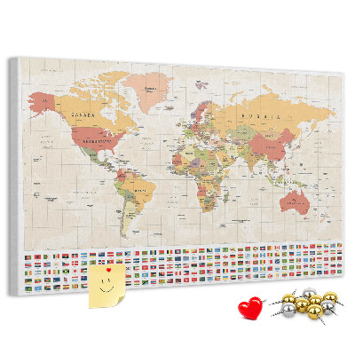 Weltkarte mit farbigen Länderflaggen mit Korkrückwand