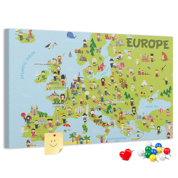 Europa-Karte mit Korkrückwand farbenfrohes Design mit kulturellen Symbolen