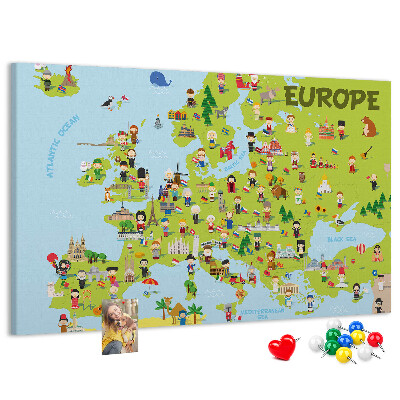 Europa-Karte mit Korkrückwand farbenfrohes Design mit kulturellen Symbolen