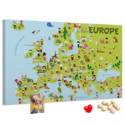 Europa-Karte mit Korkrückwand farbenfrohes Design mit kulturellen Symbolen