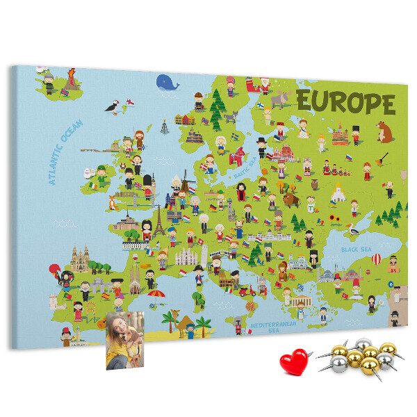 Europa-Karte mit Korkrückwand farbenfrohes Design mit kulturellen Symbolen