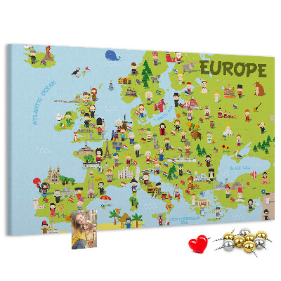 Europa-Karte mit Korkrückwand farbenfrohes Design mit kulturellen Symbolen