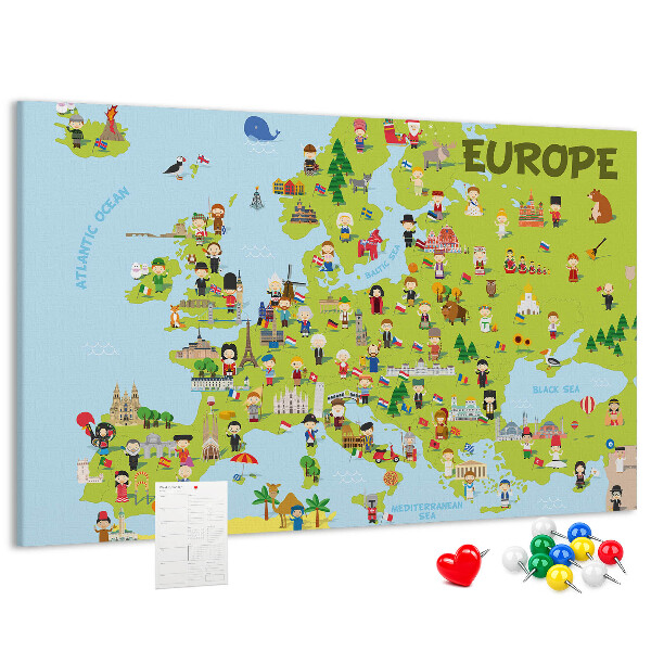 Europa-Karte mit Korkrückwand farbenfrohes Design mit kulturellen Symbolen
