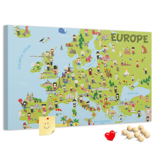 Europa-Karte mit Korkrückwand farbenfrohes Design mit kulturellen Symbolen