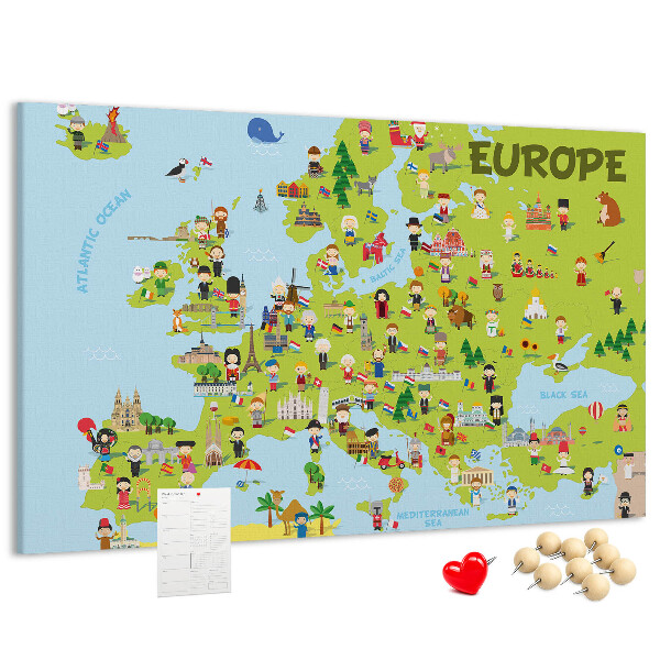Europa-Karte mit Korkrückwand farbenfrohes Design mit kulturellen Symbolen