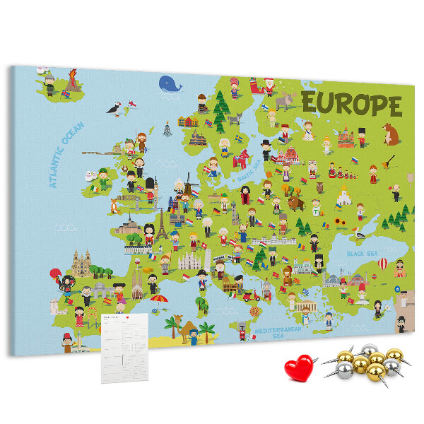 Europa-Karte mit Korkrückwand farbenfrohes Design mit kulturellen Symbolen
