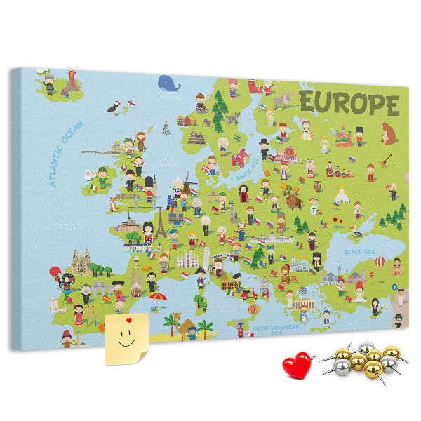 Europa-Karte mit Korkrückwand farbenfrohes Design mit kulturellen Symbolen