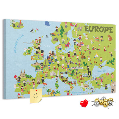 Europa-Karte mit Korkrückwand farbenfrohes Design mit kulturellen Symbolen