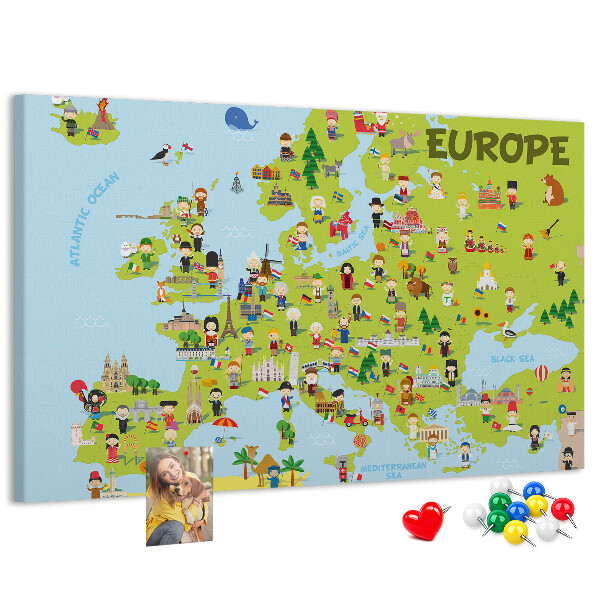 Europa-Karte mit Korkrückwand farbenfrohes Design mit kulturellen Symbolen