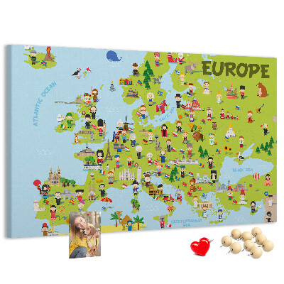 Europa-Karte mit Korkrückwand farbenfrohes Design mit kulturellen Symbolen