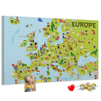 Europa-Karte mit Korkrückwand farbenfrohes Design mit kulturellen Symbolen