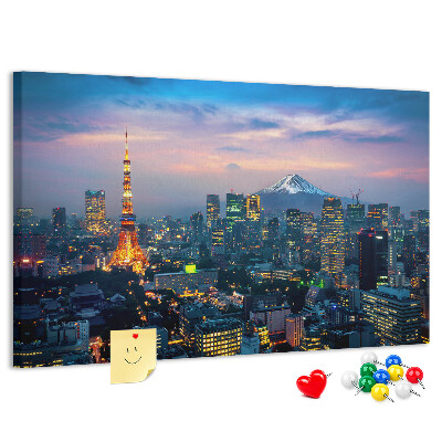 Korktafel mit Motiv Sonnenuntergang über Tokio mit Fuji