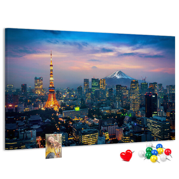 Korktafel mit Motiv Sonnenuntergang über Tokio mit Fuji