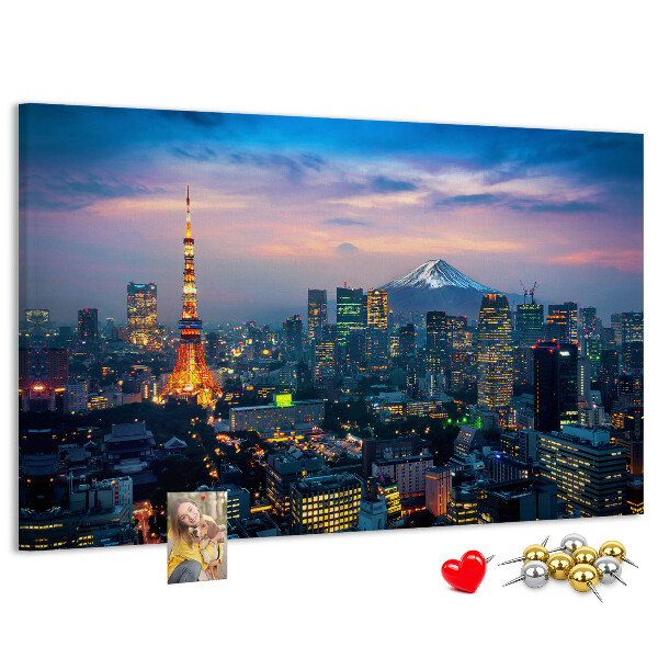 Korktafel mit Motiv Sonnenuntergang über Tokio mit Fuji