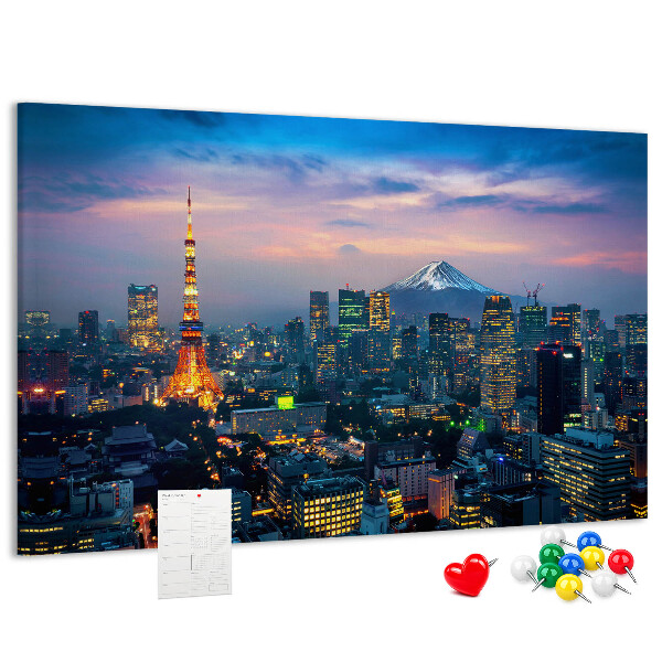 Korktafel mit Motiv Sonnenuntergang über Tokio mit Fuji