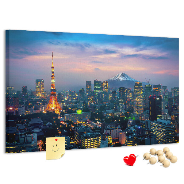 Korktafel mit Motiv Sonnenuntergang über Tokio mit Fuji