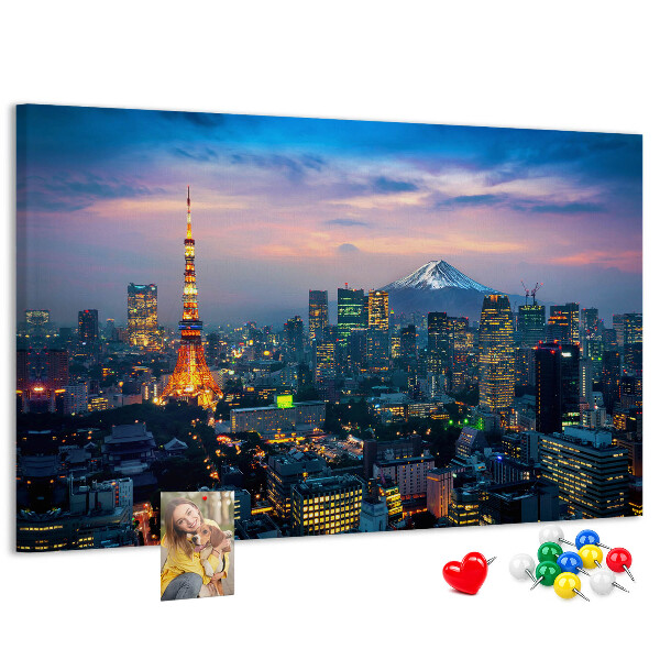 Korktafel mit Motiv Sonnenuntergang über Tokio mit Fuji