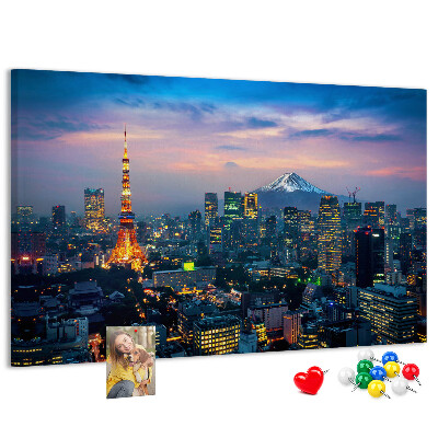 Korktafel mit Motiv Sonnenuntergang über Tokio mit Fuji
