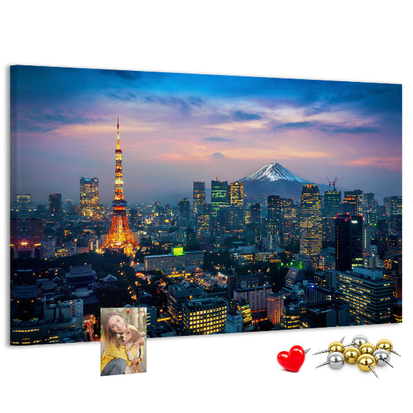 Korktafel mit Motiv Sonnenuntergang über Tokio mit Fuji