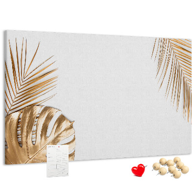 Kork-Pinnwand mit Motiv goldene Blätter auf weißem Hintergrund