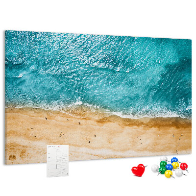 Korkbild mit Motiv Strand, Wellen und Fußspuren