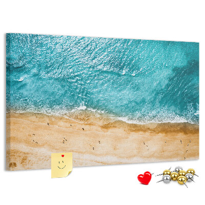 Korkbild mit Motiv Strand, Wellen und Fußspuren