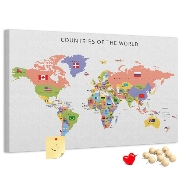 Weltkarte mit Korkrückwand mit markierten Ländern
