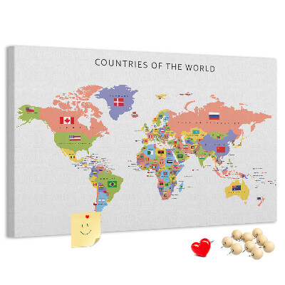 Weltkarte mit Korkrückwand mit markierten Ländern