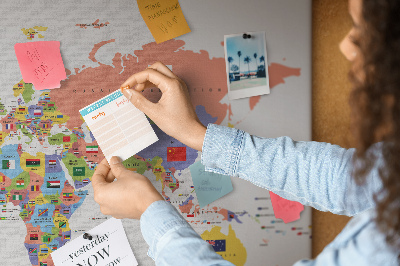 Weltkarte mit Korkrückwand mit markierten Ländern