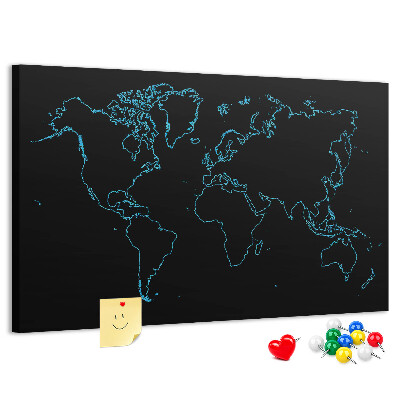 Korktafel Weltkarte auf schwarzem Hintergrund