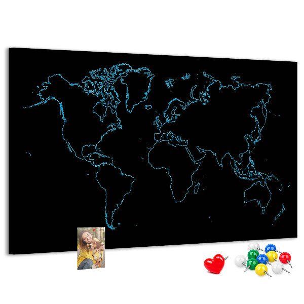Korktafel Weltkarte auf schwarzem Hintergrund